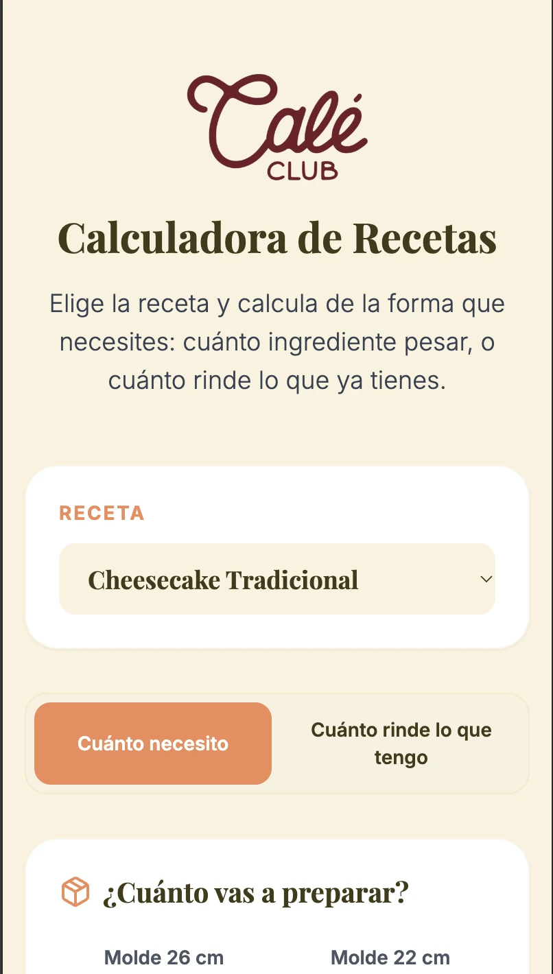 Pantalla de la Calculadora de Recetas de Calé Club
